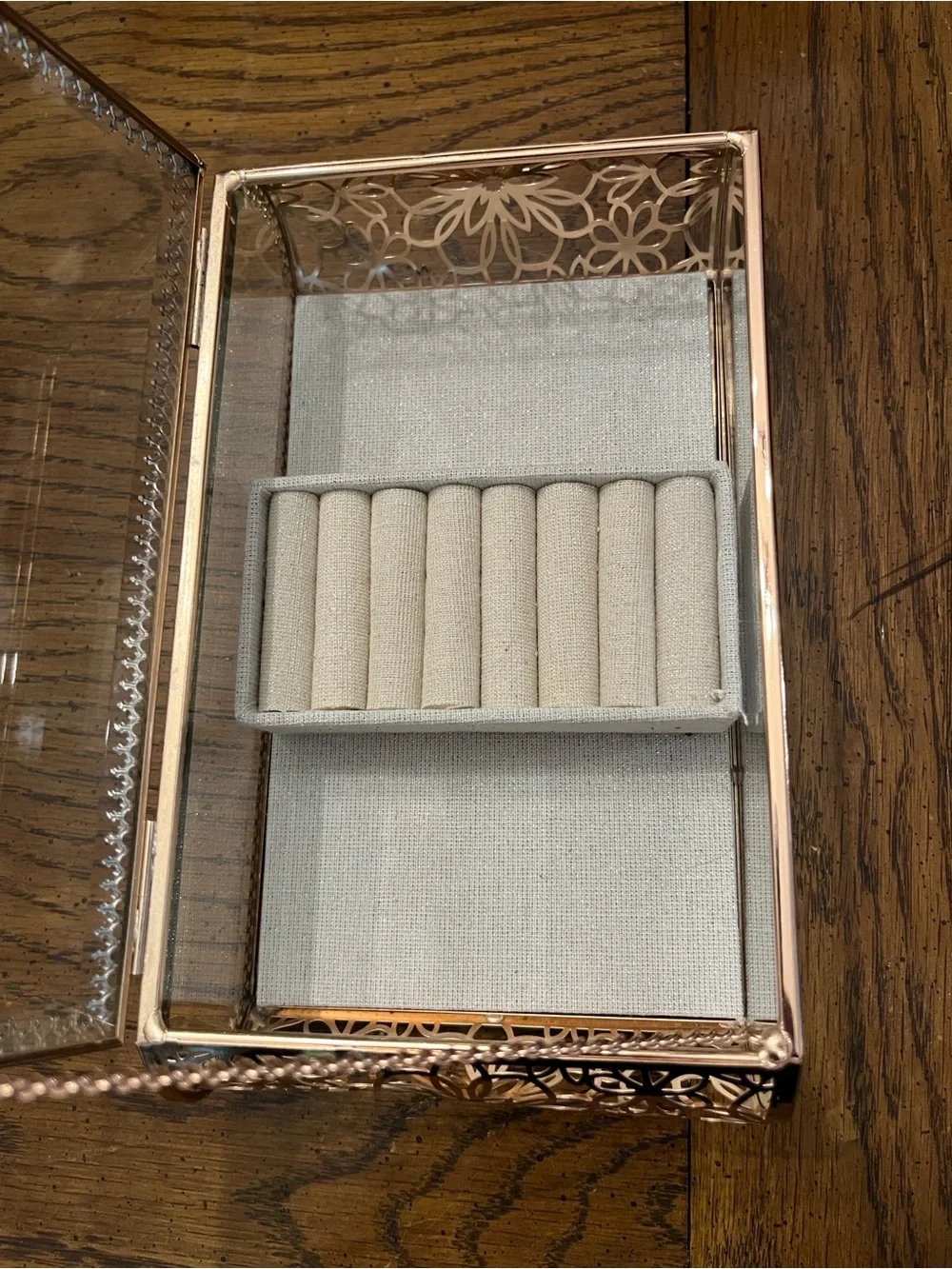 Rachel Ashwell Glass Jewelry Display Box with Rose Gold Trim and Gray Lining
